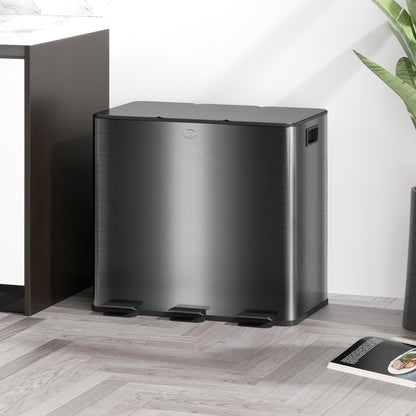 3 x 15L Pedal Bin, Steel Triple Kitchen Bin with Soft Close Lid, Removable Inner Buckets, Fingerprint-Proof, Black
