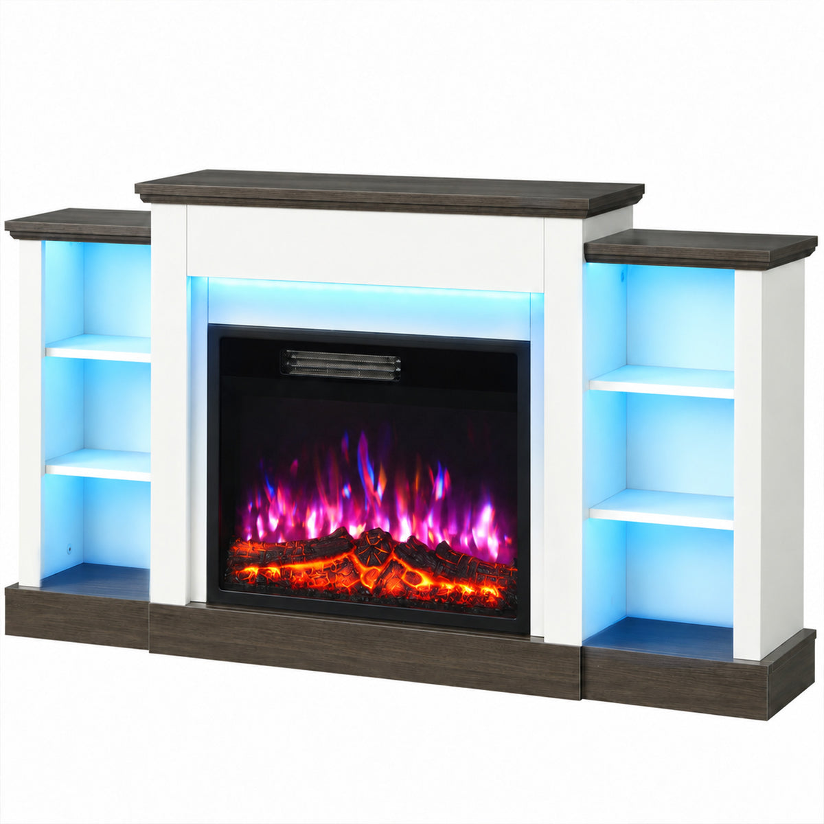138cm Electric Fireplace TV Stand | 6 Shelves, RGB LED Lighting & 12 Flame Colours | 900/1800W, Thermostat, Remote & Timer | White/Dark Brown