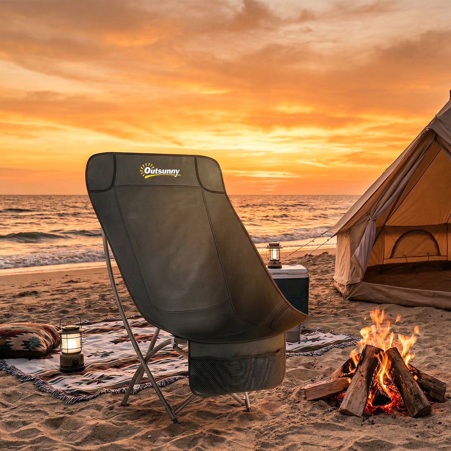 Outsunny Moon Camping Chair – Heavy Duty Folding Camp Chair, 120kg, Water-Repellent Oxford Fabric, Side Pocket & Carry Bag – Black