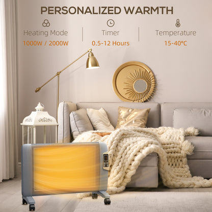 Mica Electric Space Heater, Portable for Home with 2 Heat Settings, Living Room, Study, Garage, Adjustable Temperature 15-40°C, 1000W/2000W, Grey