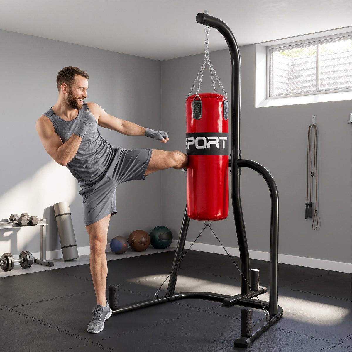 Freestanding Boxing Punching Bag with Stand | 20 kg Heavy Bag, 120 kg Frame, 360° Rotating Chain & Weight Plate Storage | Red