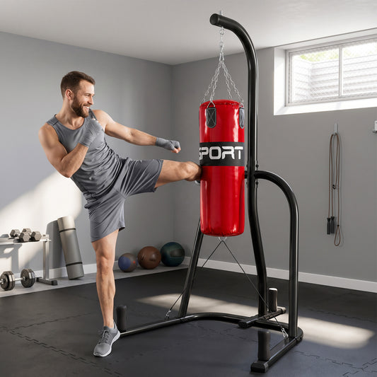 Freestanding Boxing Punching Bag with Stand | 20 kg Heavy Bag, 120 kg Frame, 360° Rotating Chain & Weight Plate Storage | Red