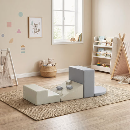 AIYAPLAY 4-Piece Toddler Soft Play Climbing Set | Foam Ramp, Steps & Blocks | Wipe-Clean PU | Light Grey & Beige | Ages 1–3