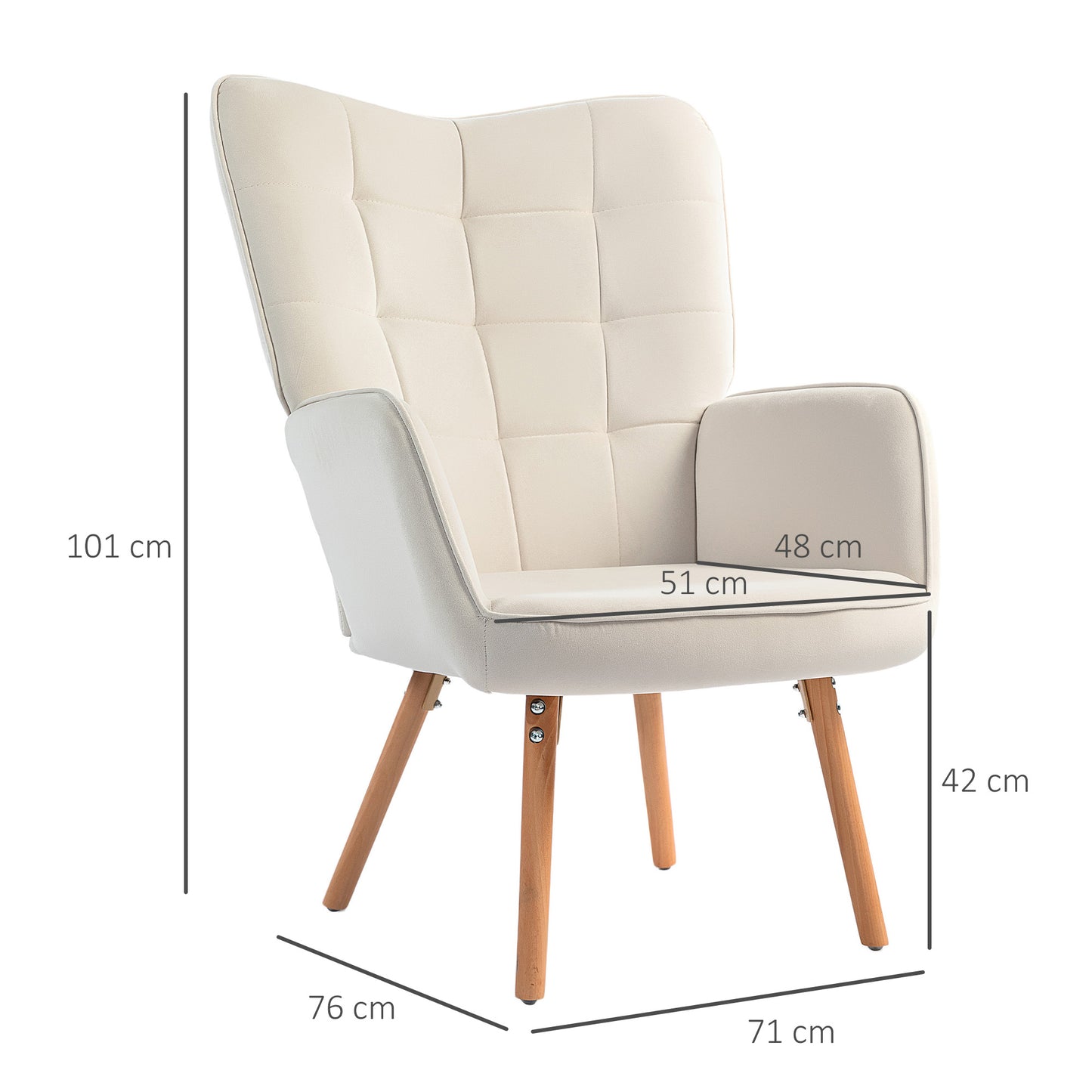 Modern Accent Chair Velvet-Touch Tufted Wingback Armchair Upholstered Leisure Lounge Sofa Club Chair with Wood Legs, Cream White