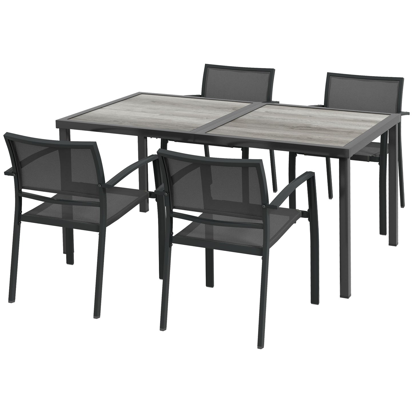 5-Piece Garden Dining Set | 150cm Wood-Effect Table | 4 Stackable Mesh Armchairs | Powder-Coated Steel | 120kg Per Chair | Rustic Design | 150 x 87 x 72cm | Grey