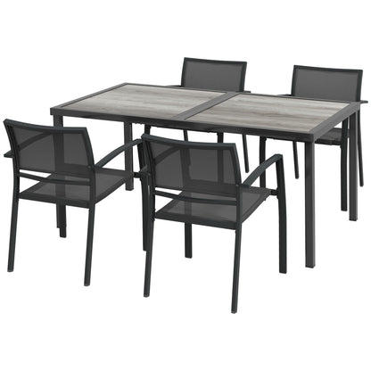 5-Piece Garden Dining Set | 150cm Wood-Effect Table | 4 Stackable Mesh Armchairs | Powder-Coated Steel | 120kg Per Chair | Rustic Design | 150 x 87 x 72cm | Grey