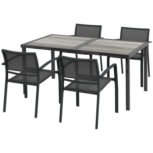 5-Piece Garden Dining Set | 150cm Wood-Effect Table | 4 Stackable Mesh Armchairs | Powder-Coated Steel | 120kg Per Chair | Rustic Design | 150 x 87 x 72cm | Grey