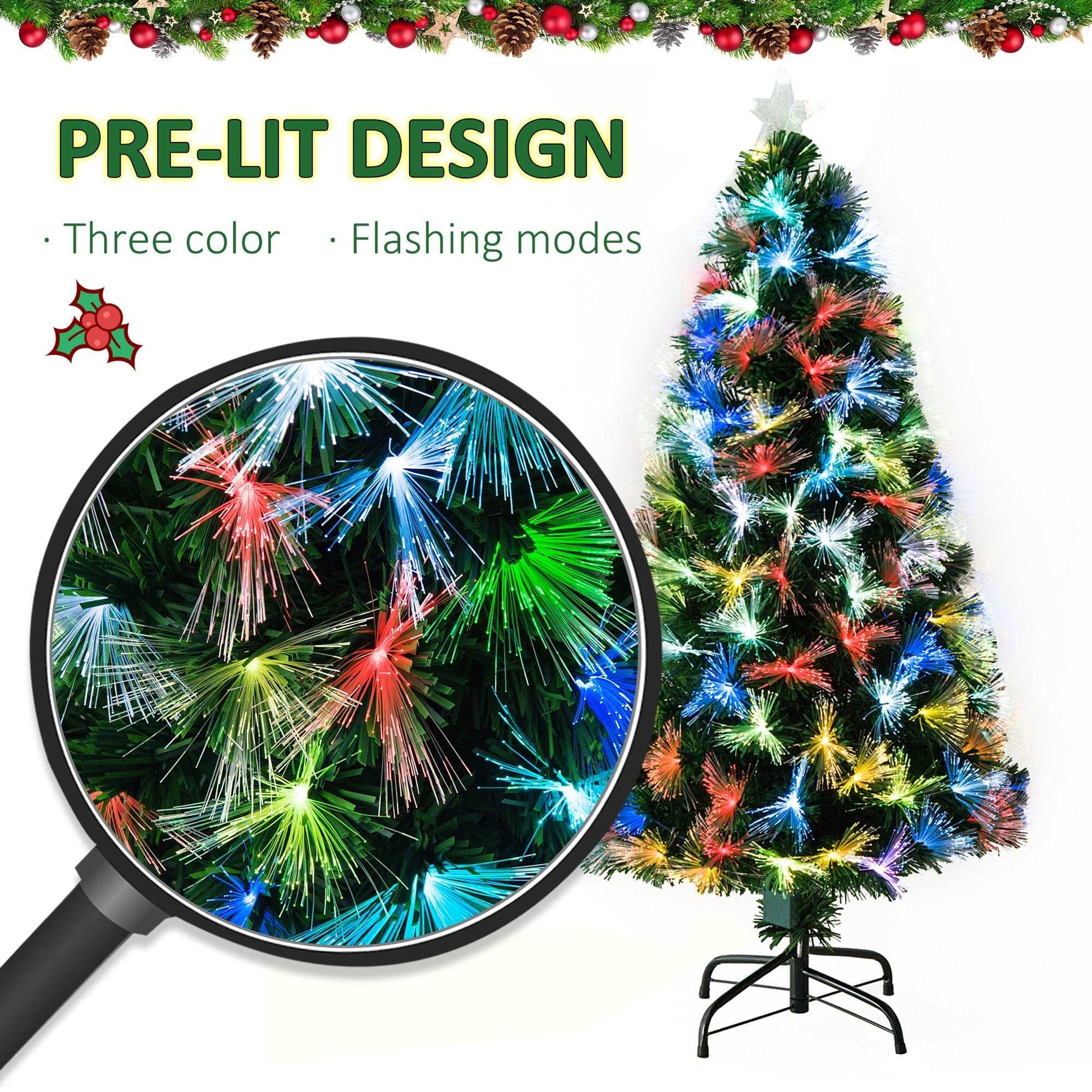 1.5m Tall Artificial Christmas Tree Fibre Optic Colourful LED Pre-Lit Holiday Home Christmas Decoration with Flash Mode, Green