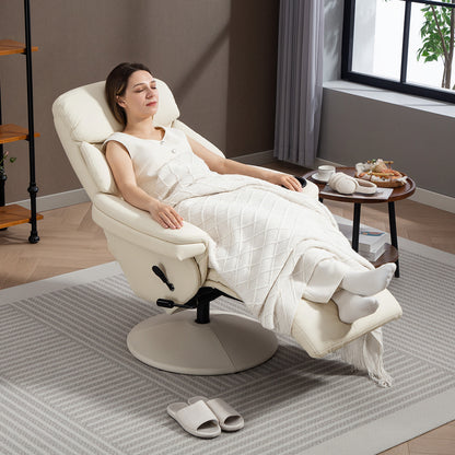 Manual Recliner Chair with Footrest, Upholstered Reclining Armchair with Adjustable Backrest and Cup Holder, PU Leather Swivel Chair, Cream White