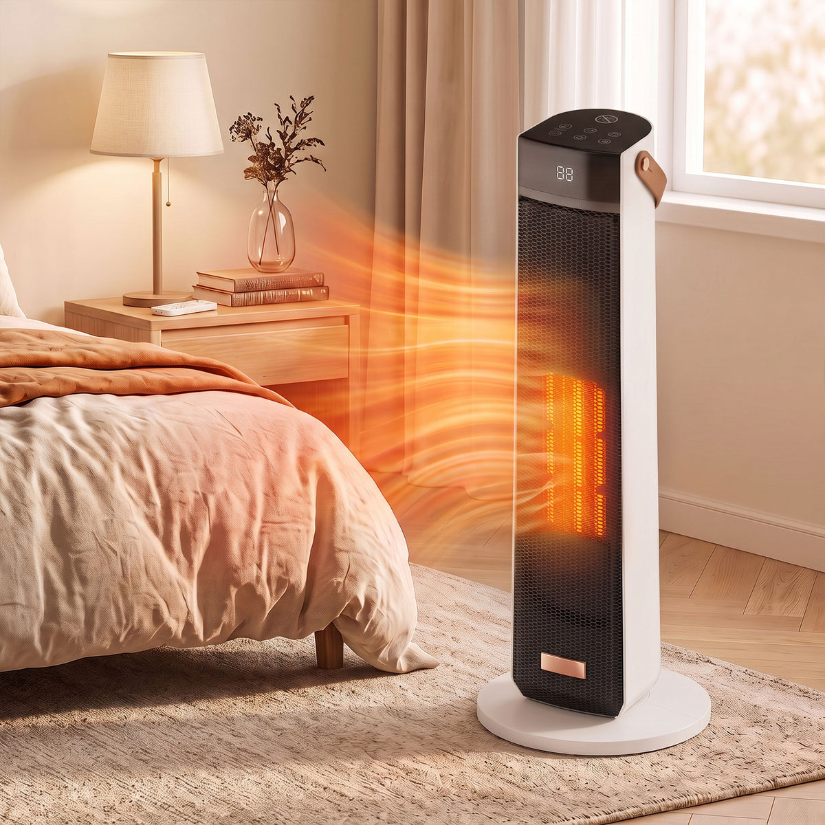 Beige 2000W Ceramic Tower Heater | LED Flame Effect & 70° Oscillation | ECO Mode, 20–40°C Thermostat | 12-Hour Timer & Remote