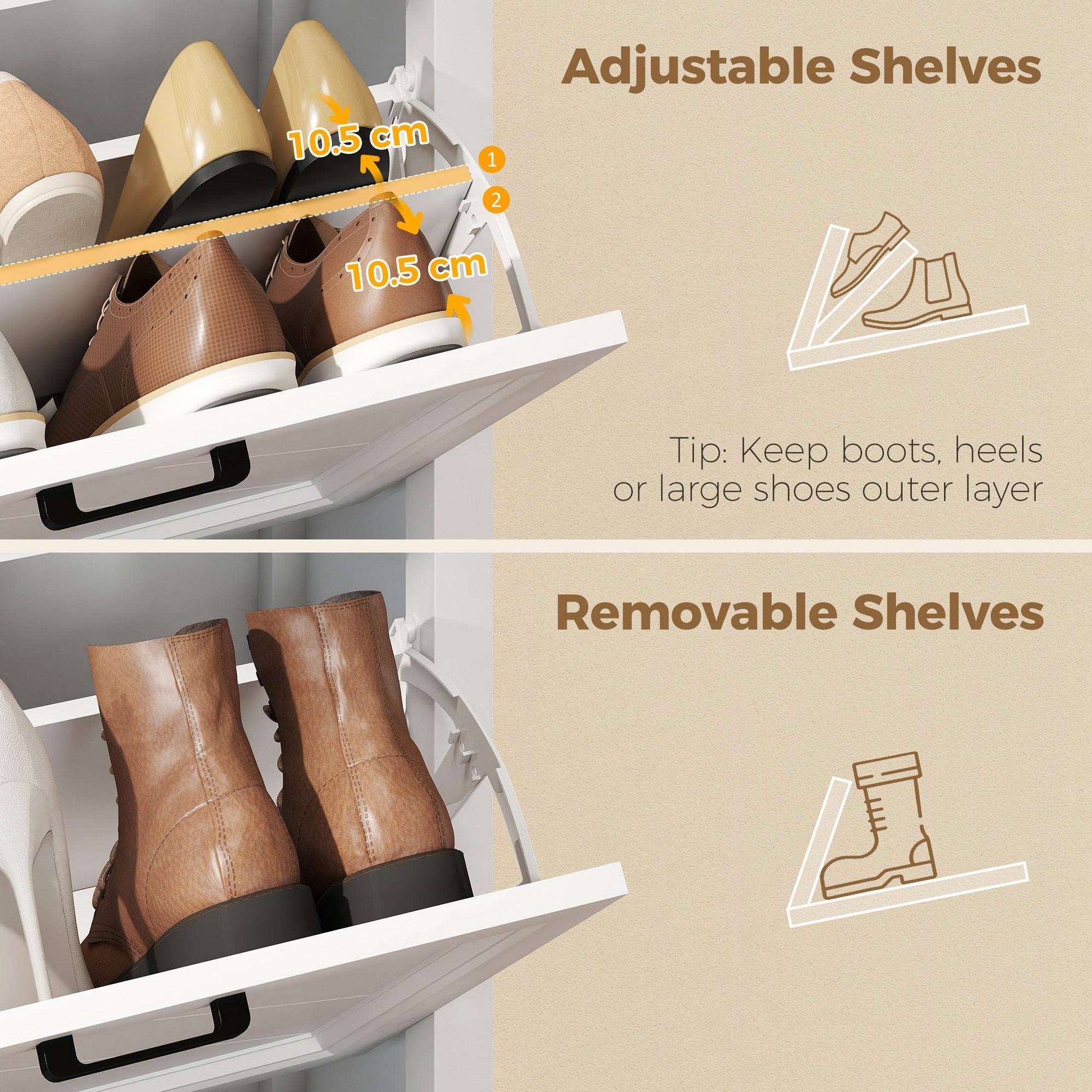 Farmhouse Narrow Shoe Cabinet | 2 Flip Drawers & Top Drawer | Adjustable Shelves | 8-12 Pairs | Slim 26.5cm Depth | Max UK 9.5 | Anti-Tipping | MDF | 60x26.5x108.5cm | White