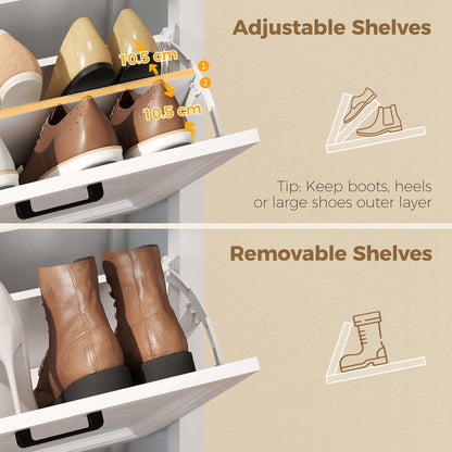 Farmhouse Narrow Shoe Cabinet | 2 Flip Drawers & Top Drawer | Adjustable Shelves | 8-12 Pairs | Slim 26.5cm Depth | Max UK 9.5 | Anti-Tipping | MDF | 60x26.5x108.5cm | White