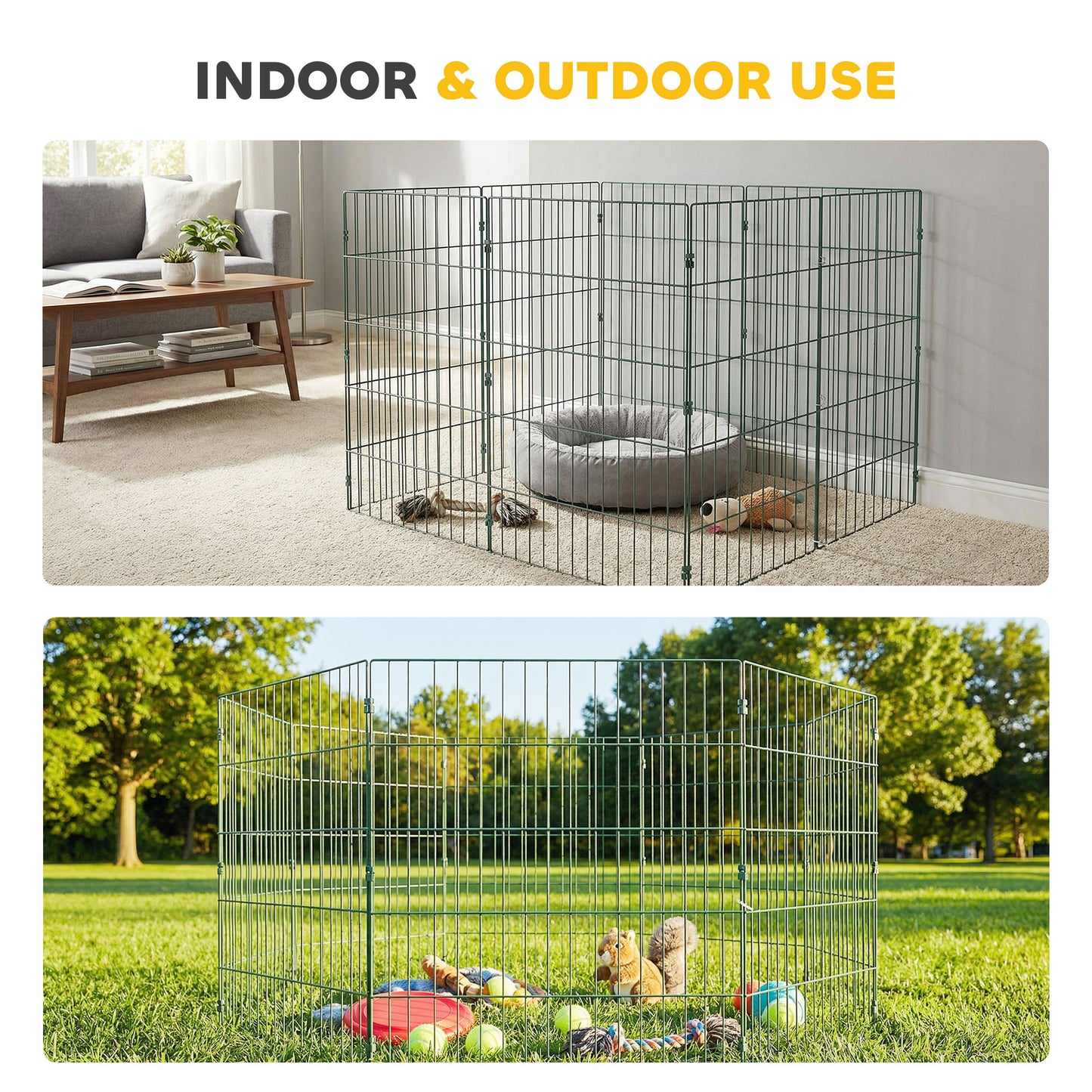 8 Panel Dog Playpen | 80cm Tall | DIY Shape | PE Coated Steel | Foldable | Outdoor Stakes | Medium Dogs up to 25kg | Green