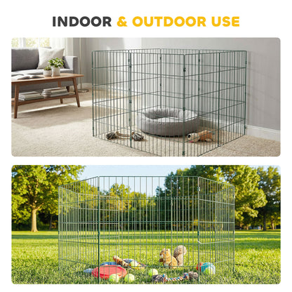 8 Panel Dog Playpen | 80cm Tall | DIY Shape | PE Coated Steel | Foldable | Outdoor Stakes | Medium Dogs up to 25kg | Green