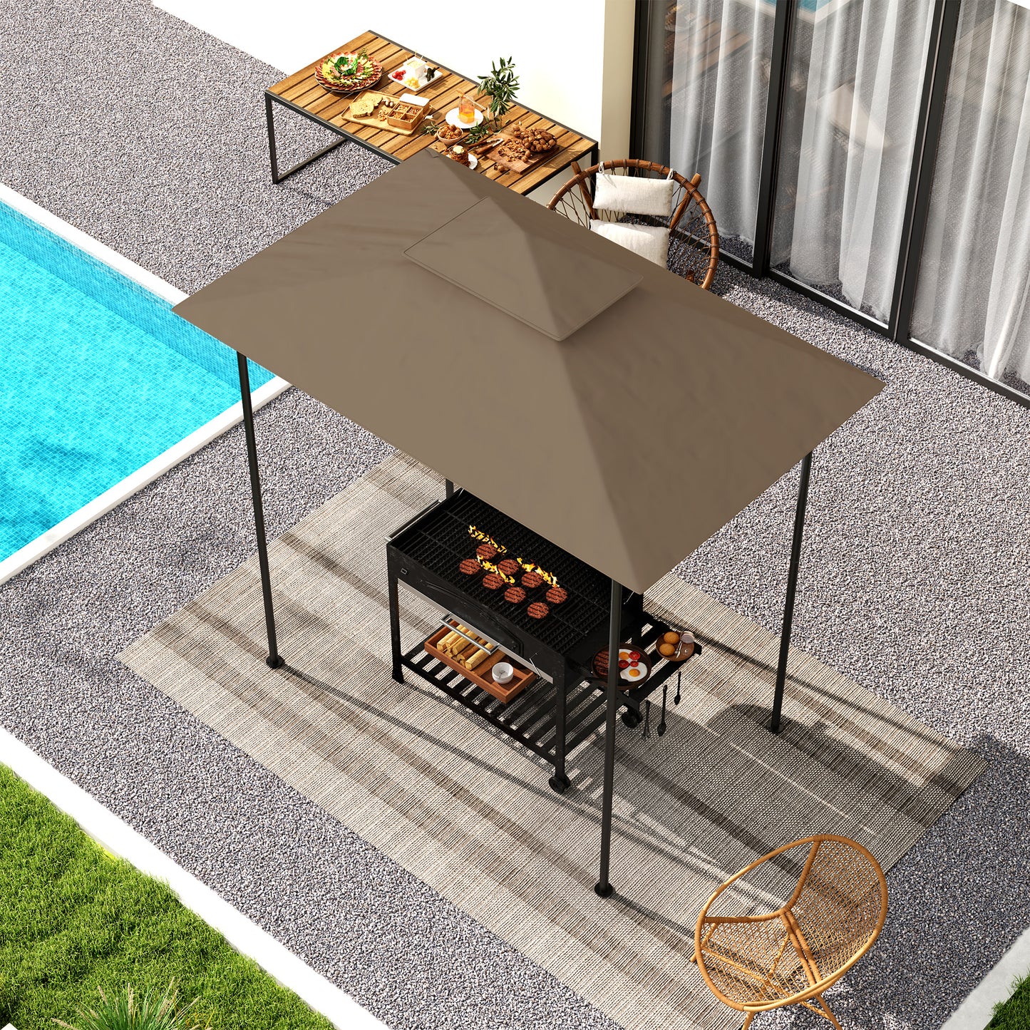 Grill Gazebo Replacement Canopy Roof for 1.5 x 2.4m Frame, UPF50+ Protection, Double Tiered 5' x 8' Outdoor BBQ Gazebo Cover Replacement