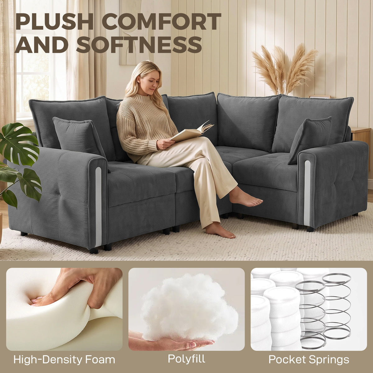 Reversible L-Shaped Corner Sofa | 228 x 164cm | 3-Seater with Lift-Up Storage & Velvet Upholstery | Dark Grey