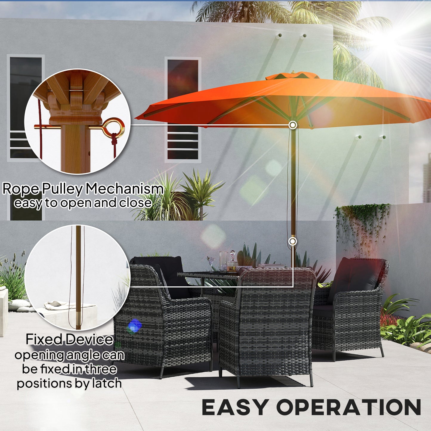 Outsunny 3(m) Wooden Patio Umbrella - Orange