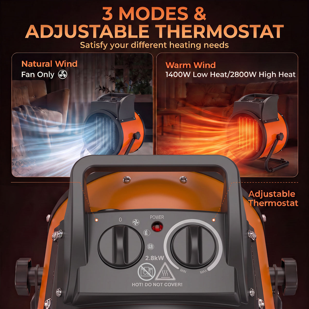 2800W Industrial PTC Ceramic Fan Heater | 3 Modes Fan 1400W 2800W | Manual Tilt | Stepless Thermostat | Thermal Cutout | IP20 | 28m² | Fume-Free | Carry Handle | 26.5x21x29cm | Orange & Black