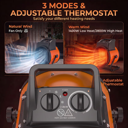 2800W Industrial PTC Ceramic Fan Heater | 3 Modes Fan 1400W 2800W | Manual Tilt | Stepless Thermostat | Thermal Cutout | IP20 | 28m² | Fume-Free | Carry Handle | 26.5x21x29cm | Orange & Black