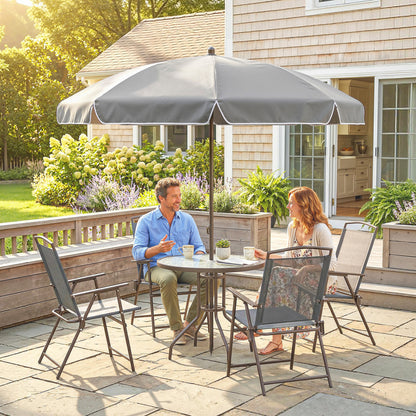 6-Piece Garden Dining Set with Parasol | 4 Folding Mesh Chairs | Glass Table | Ø170cm Parasol | Dark Grey