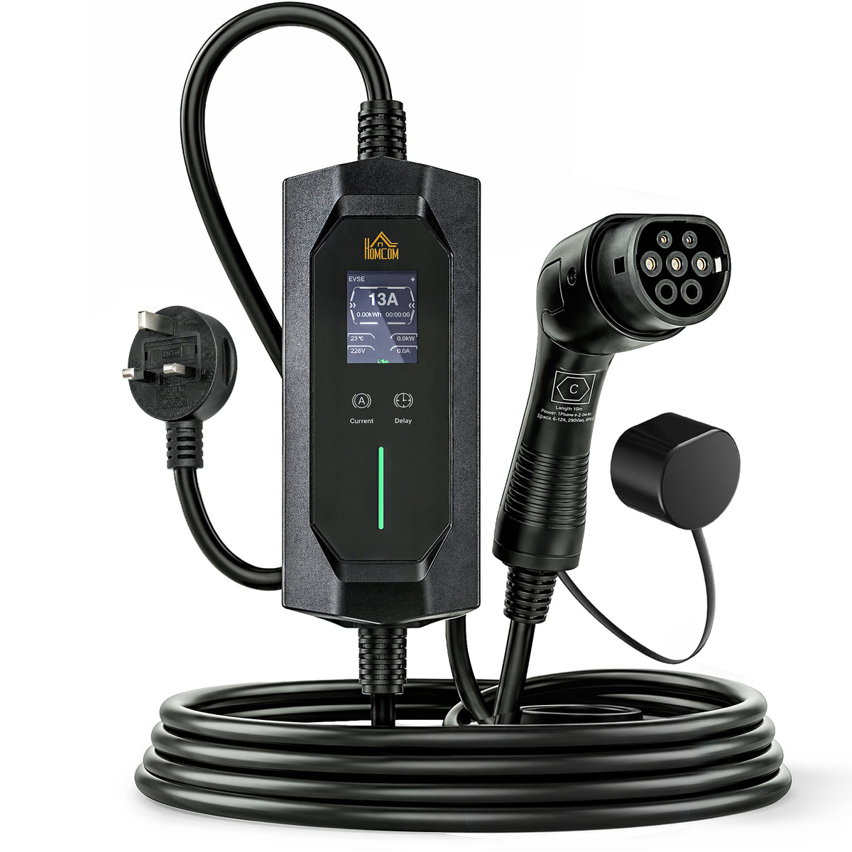2.8kW Type 2 EV Charger with UK 3-Pin Plug | 10m IP65 TPU Cable | 6-13A Adjustable | LCD Display | 1-12h Delay Timer | ST MCU Chip | CE RoHS | -30°C to +50°C | Black
