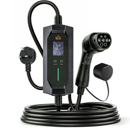 2.8kW Type 2 EV Charger with UK 3-Pin Plug | 10m IP65 TPU Cable | 6-13A Adjustable | LCD Display | 1-12h Delay Timer | ST MCU Chip | CE RoHS | -30°C to +50°C | Black
