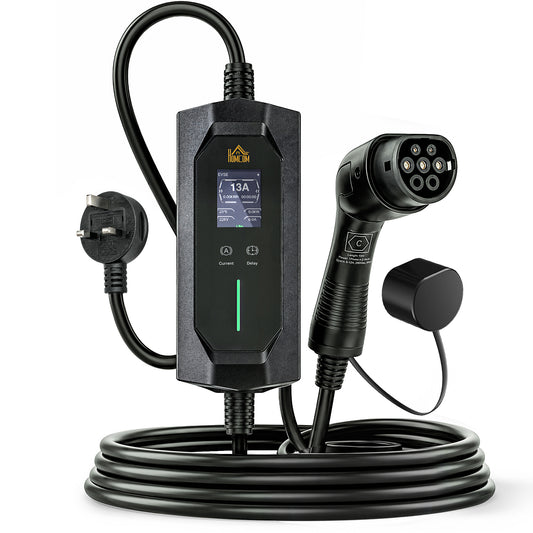 2.8kW Type 2 EV Charger with UK 3-Pin Plug | 10m IP65 TPU Cable | 6-13A Adjustable | LCD Display | 1-12h Delay Timer | ST MCU Chip | CE RoHS | -30°C to +50°C | Black