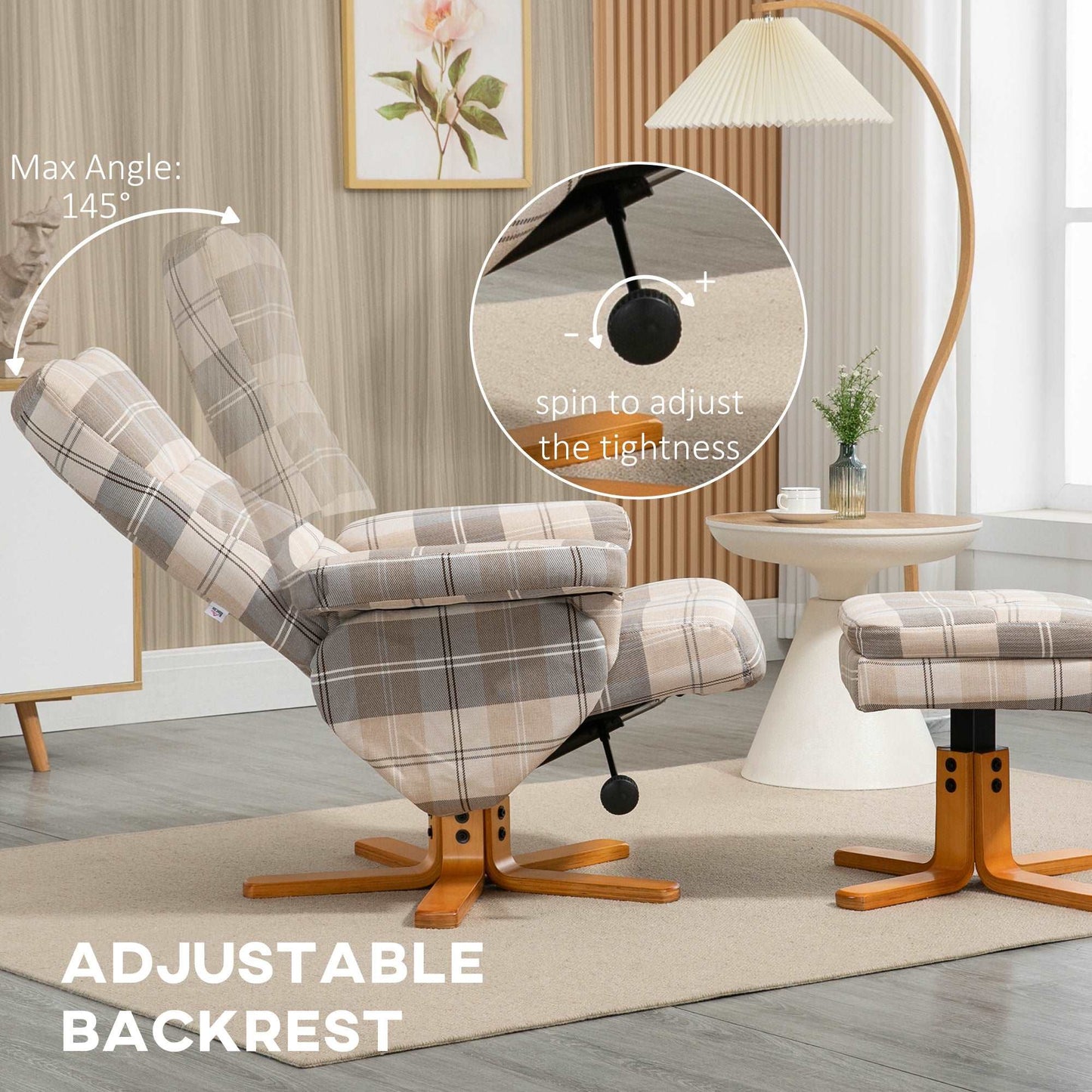 Linen Swivel Recliner Chair with Footstool, Wooden Base and Storage for Living Room, Multicolour