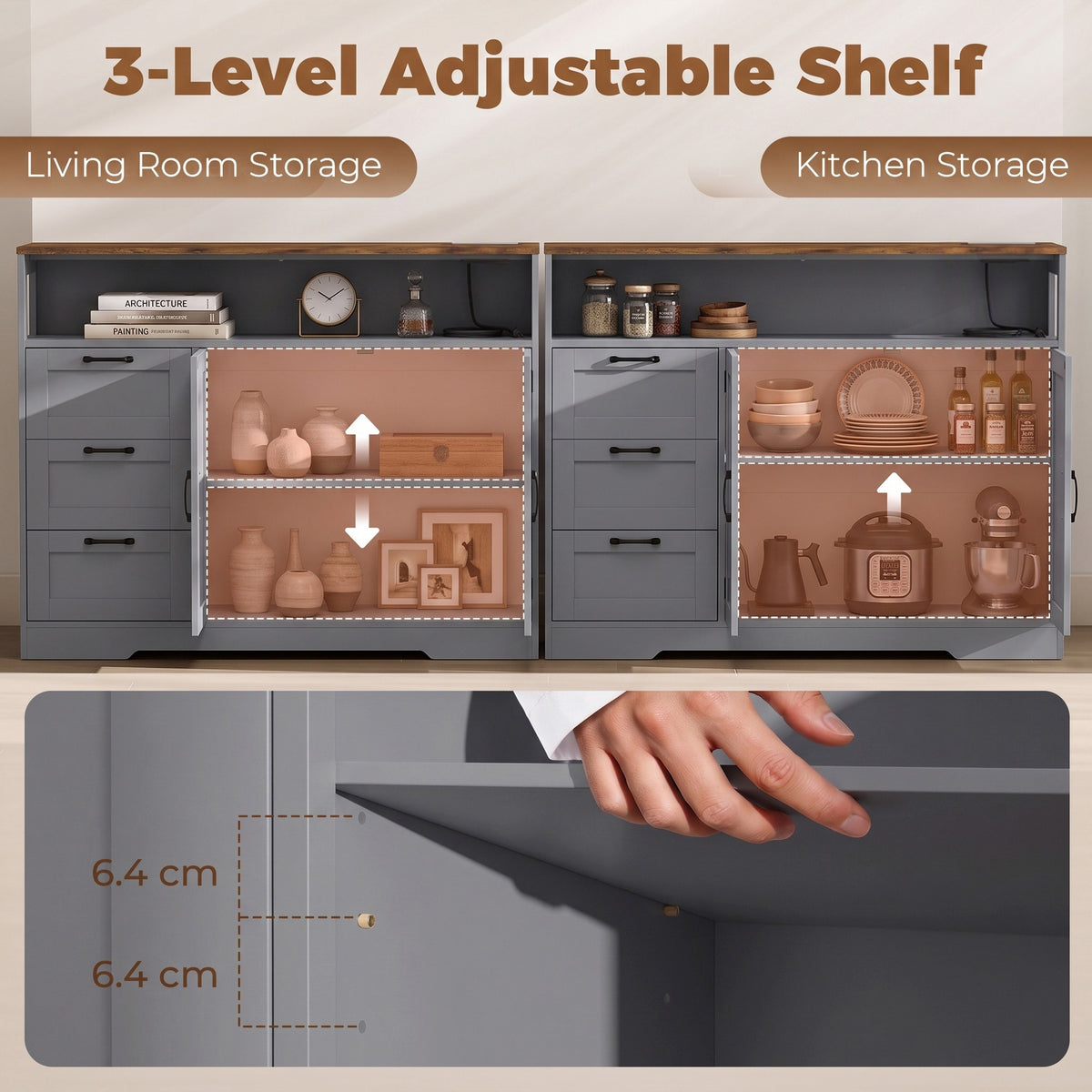 Farmhouse Sideboard with Built-In Charging Station | 2 AC Outlets USB USB-C | 3 Drawers | Adjustable Cabinet Shelf | Open Shelf | 120x35x95cm | 55kg | Melamine | TV Stand to 42in | Grey