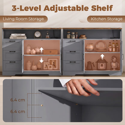 Farmhouse Sideboard with Built-In Charging Station | 2 AC Outlets USB USB-C | 3 Drawers | Adjustable Cabinet Shelf | Open Shelf | 120x35x95cm | 55kg | Melamine | TV Stand to 42in | Grey