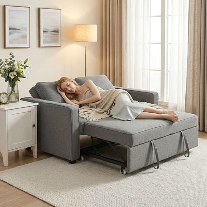 3-in-1 2-Seater Sofa Bed | Click-Clack 3-Position Backrest | Eucalyptus Wood Frame | 12cm High-Density Foam | Faux Linen Upholstery | 2 Washable Pillows | 220kg Max | Sofa 148x86x91.5cm | Bed 126x175x45cm | Grey