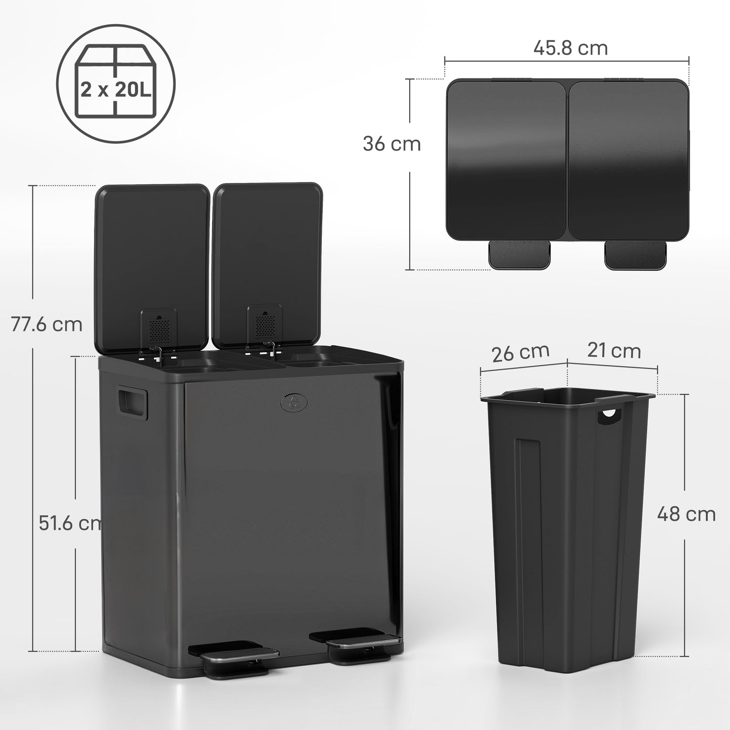40L 2 x 20 Litre Dual Compartment Stainless Steel Bin, with Deodoriser Holders - Glossy Black