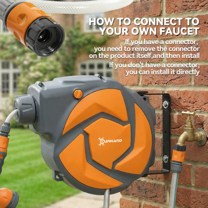 10m Wall Mounted Auto Rewind Garden Hose Reel | 7 Pattern Spray Nozzle | 180° Swivel Bracket | 10 Bar | Orange