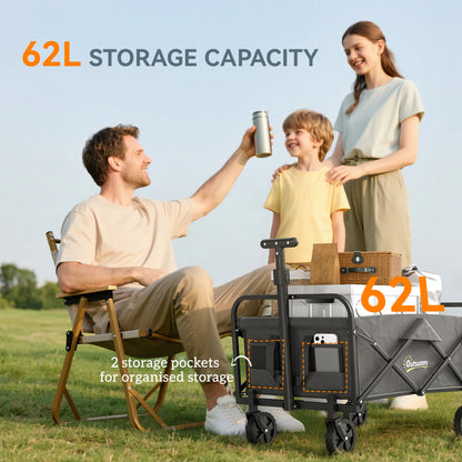 62L Festival Trolley on Wheels, Garden Folding Trolley Cart, 120kg Heavy Duty Collapsible Folding Wagon W/ Adjustable Handle and Carrying Bag for Beach, Camping, Festival