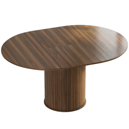 Extendable Dining Table | 110–150cm Round to Oval | Dark Walnut-Effect Finish & Fluted Pedestal Base | Hidden Extension Leaf Storage | Seats up to 6–8