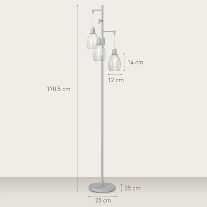 170cm Industrial 3-Light Floor Lamp, Dimmable Standing Lamp with Steel Lampshades for Living Room, Bedroom, Dinging Room, Study, Silver Tone