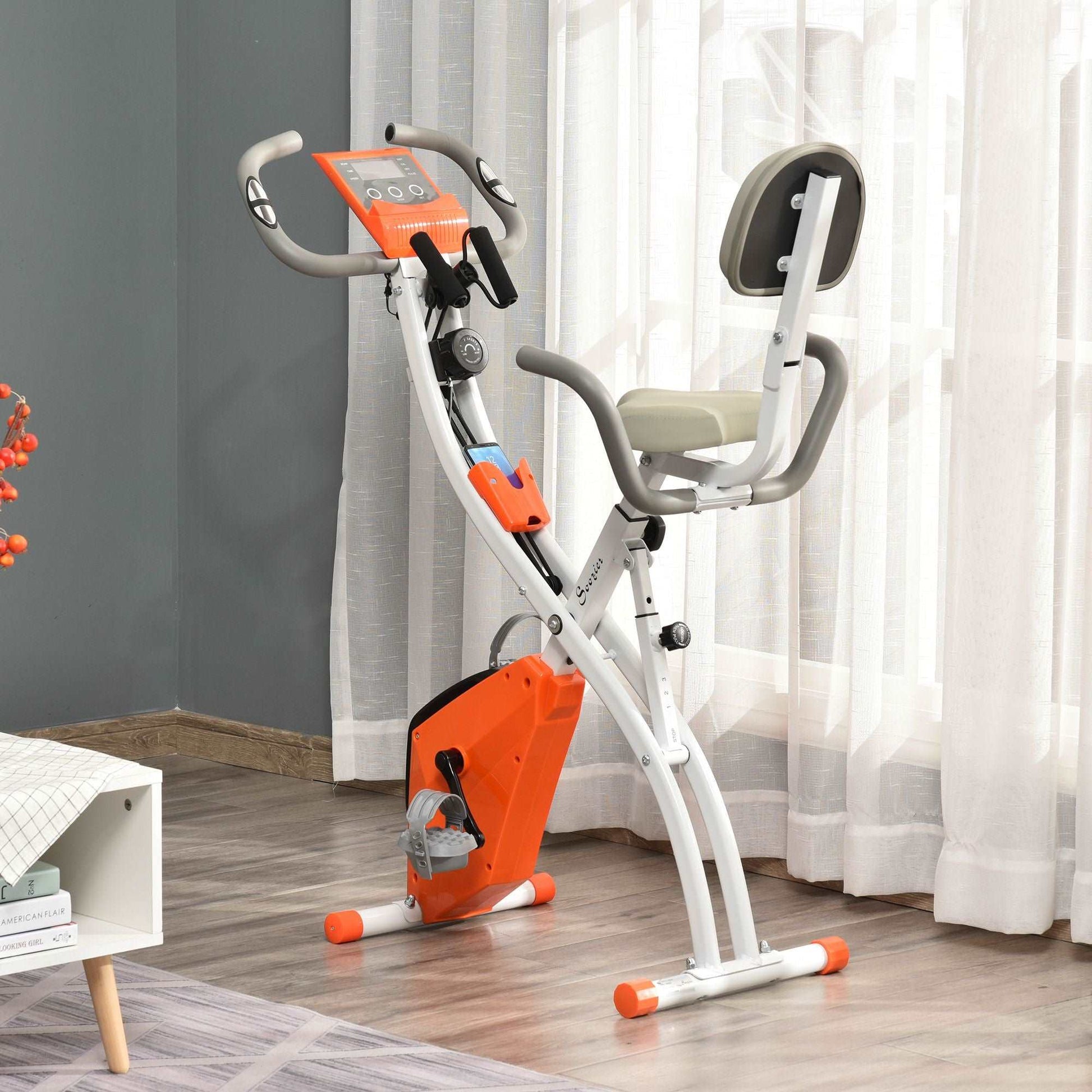 2-in-1 Upright  Exercise Bike Stationary Foldable Magnetic Recumbent Cycling with Arm Resistance Bands Orange