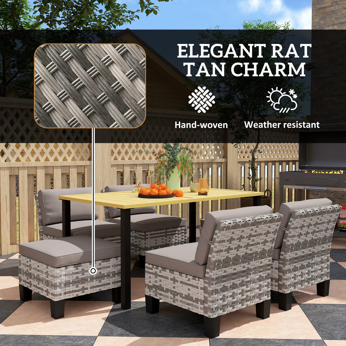 7-Piece Rattan Garden Dining Set, 6 Seater Wicker Garden Furniture Set with Seat and Back Cushions, Umbrella Hole, Patio Table and Chairs