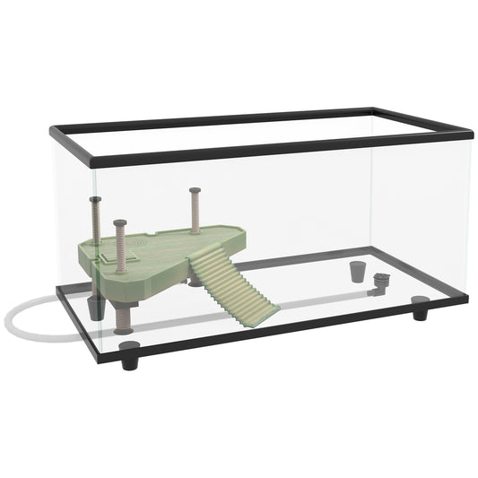 PawHut 50L Glass Turtle Tank Aquarium with Basking Platform, Easy-Drain, Strip Patch Thermometer