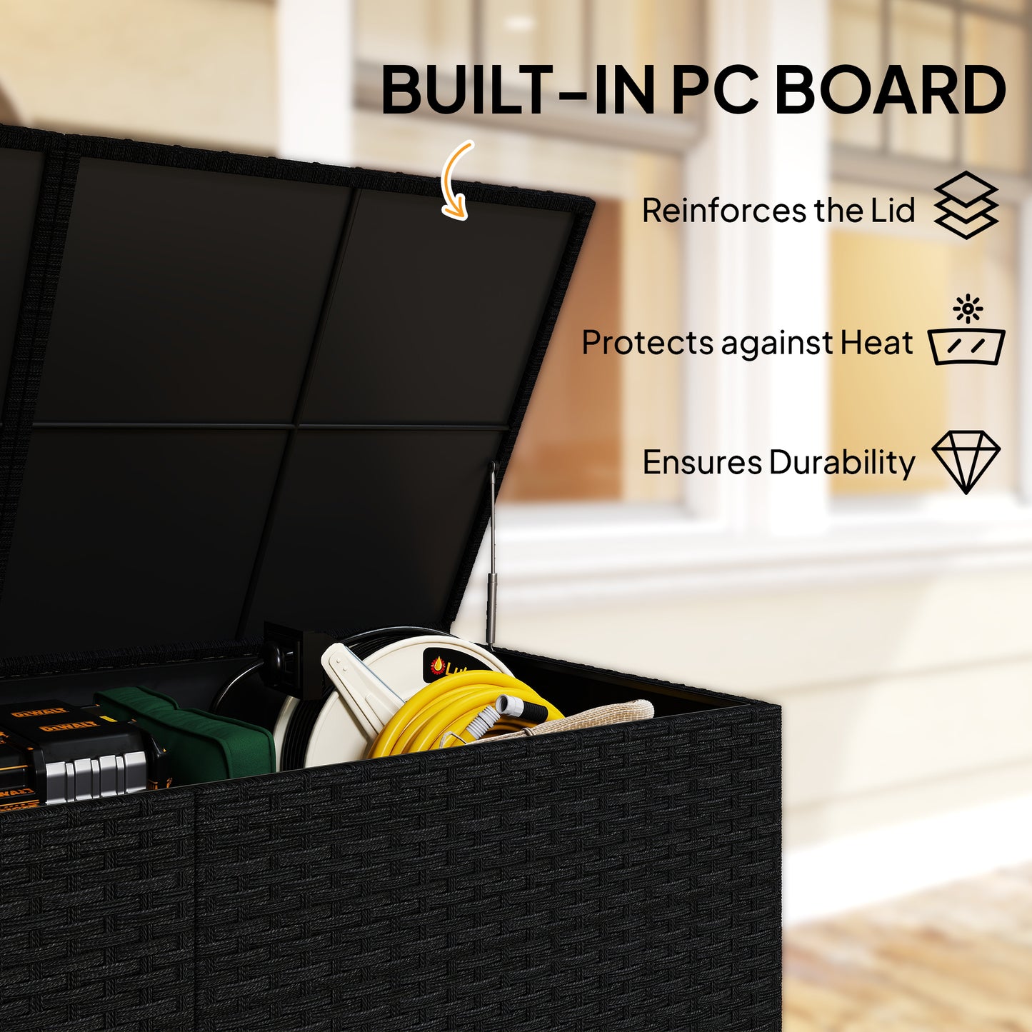 650L Rattan Garden Storage Box | 2 Wheels | Waterproof Zipped Liner | Gas-Assisted Lid | UV-Resistant PE Rattan | Powder-Coated Steel | 100kg | 150x75x74cm | Black