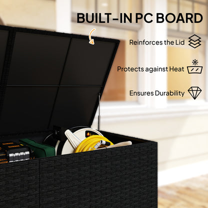 650L Rattan Garden Storage Box | 2 Wheels | Waterproof Zipped Liner | Gas-Assisted Lid | UV-Resistant PE Rattan | Powder-Coated Steel | 100kg | 150x75x74cm | Black