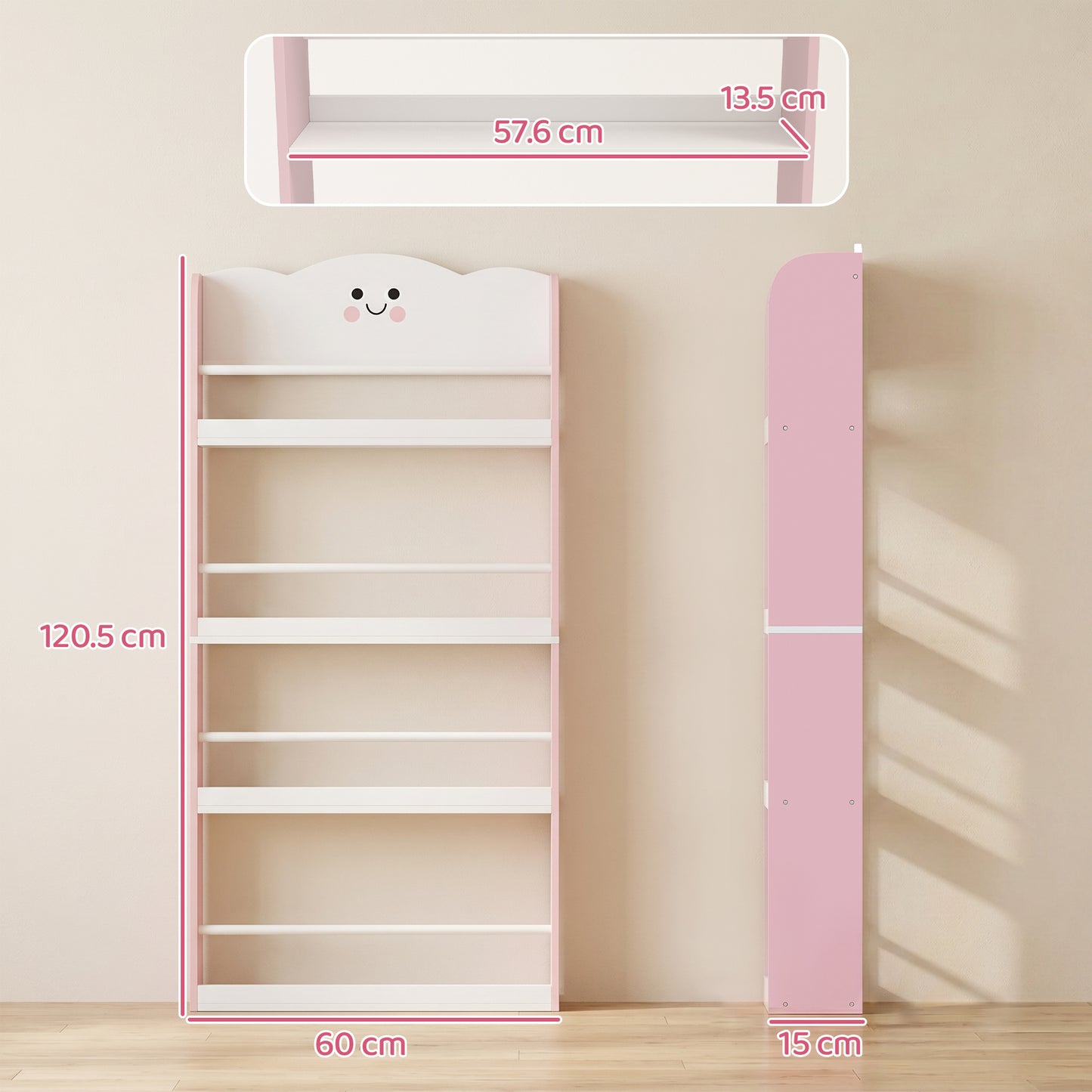 4-Tier Kids Wall-Mounted Bookshelf | Cotton Candy Theme | MDF & Pine | Anti-Tip | 3+ Years | Pink & White