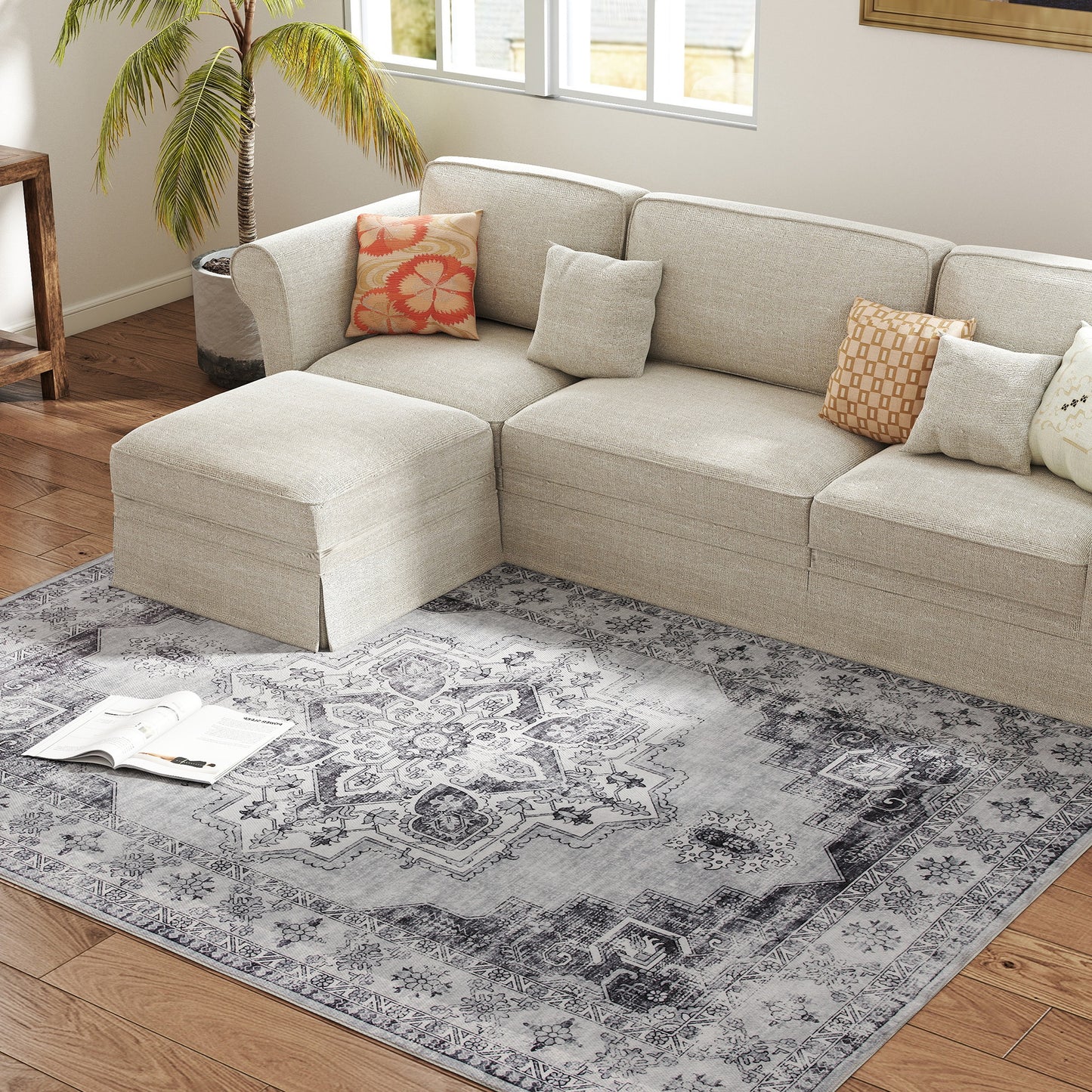Vintage Floral Area Rug | Machine Washable | Soft Flannel 100% Polyester | TPR Non-Slip Backing | Foldable | 230x160cm | Grey | Living Room Bedroom Dining Room Home Office