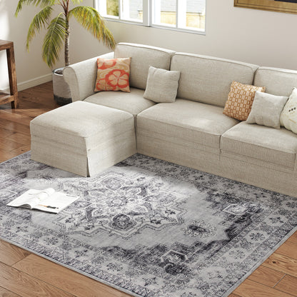 Vintage Floral Area Rug | Machine Washable | Soft Flannel 100% Polyester | TPR Non-Slip Backing | Foldable | 230x160cm | Grey | Living Room Bedroom Dining Room Home Office