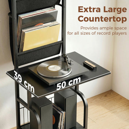 Vinyl Record Player Stand | 4 Oxford Fabric Sling Shelves | 40 CD Capacity | Industrial Black Metal Frame | Anti-Tip Hardware | Adjustable Feet | 23kg Total Capacity | 50x48.5x144cm | Black