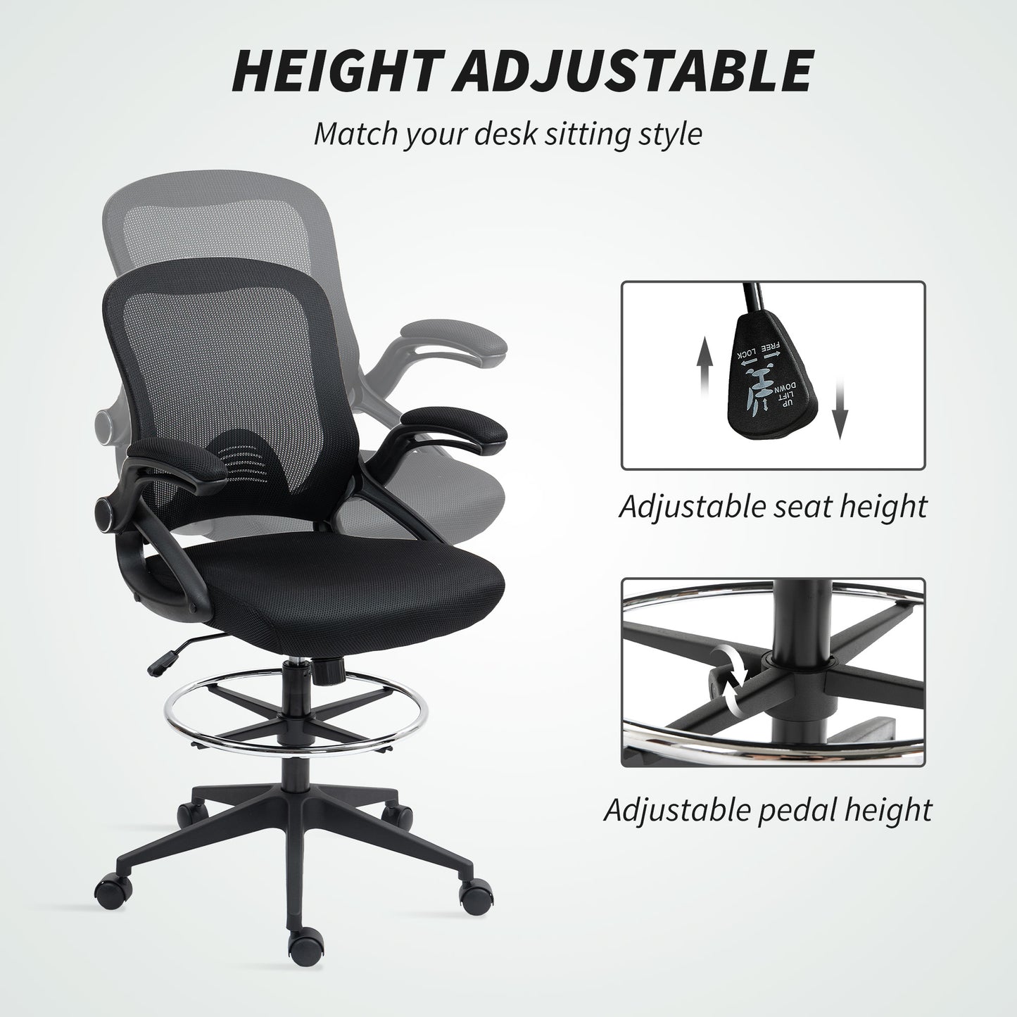 Drafting Chair for Standing Desk | Mesh Back | Foam Seat | Flip-Up Armrests | Foot Ring | 360° Swivel | Height Adjustable 106-126cm | 120kg | Black