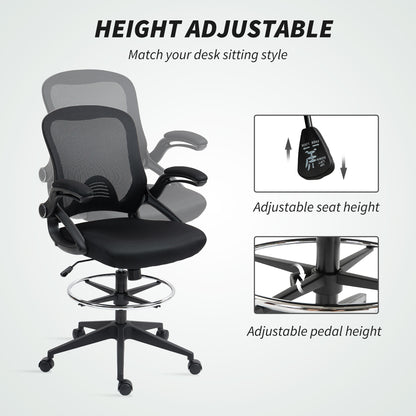 Drafting Chair for Standing Desk | Mesh Back | Foam Seat | Flip-Up Armrests | Foot Ring | 360° Swivel | Height Adjustable 106-126cm | 120kg | Black