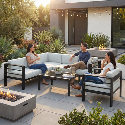 5-Piece 6-Seater Aluminium Garden Corner Sofa Set | Modular Layout | 13cm Cushions | Tempered Glass Table | 260kg | Light Grey