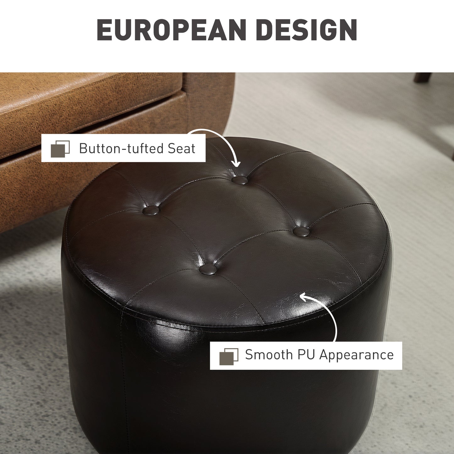 Retro Vintage Style 360° Swivel Foot Stool Round PU Footstool with Thick Sponge Padding and Solid Steel Base, Brown