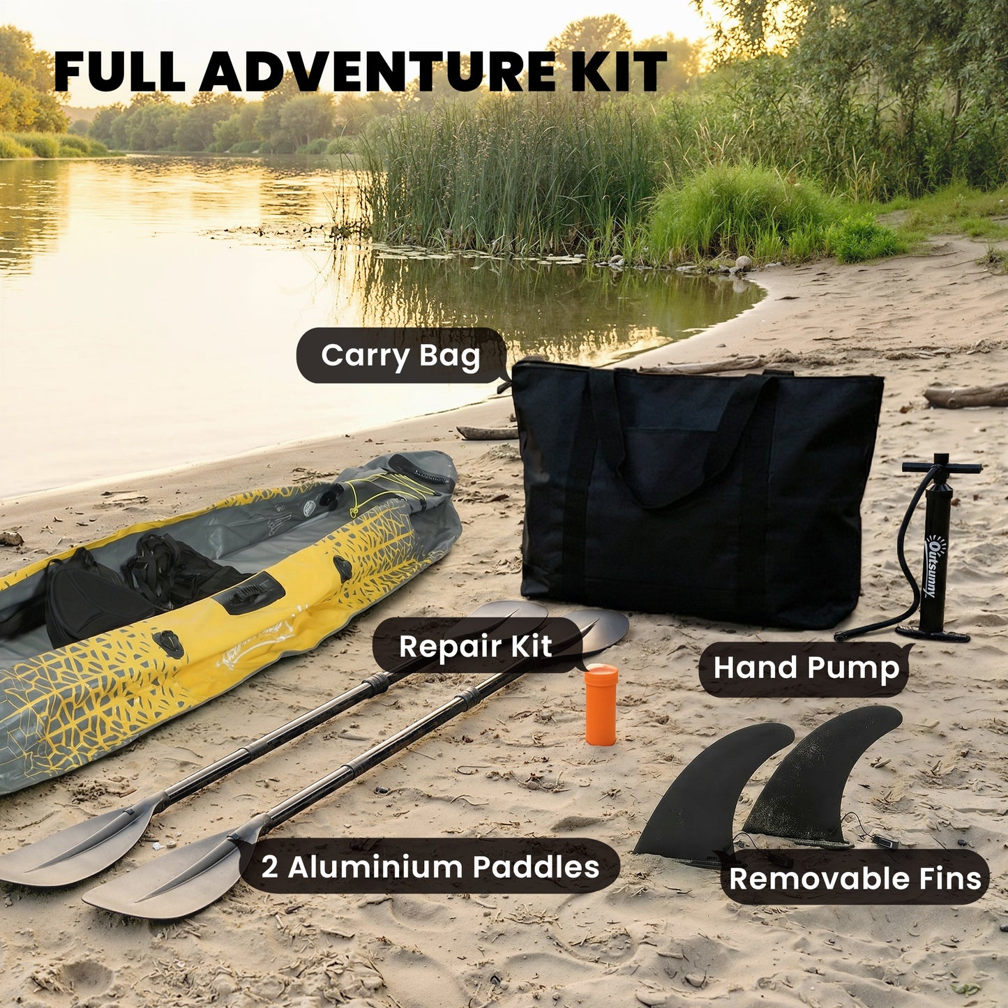 Inflatable Tandem Kayak Set | 2-Person | 381cm | Drop-Stitch Floor | Adjustable Seats | 230kg | Aluminium Oars | Grey & Yellow